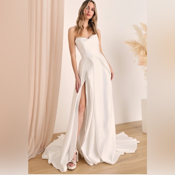 Lifetime of Love White Satin Strapless A-Line Gown ptp14 with trail - Picture 1 of 4